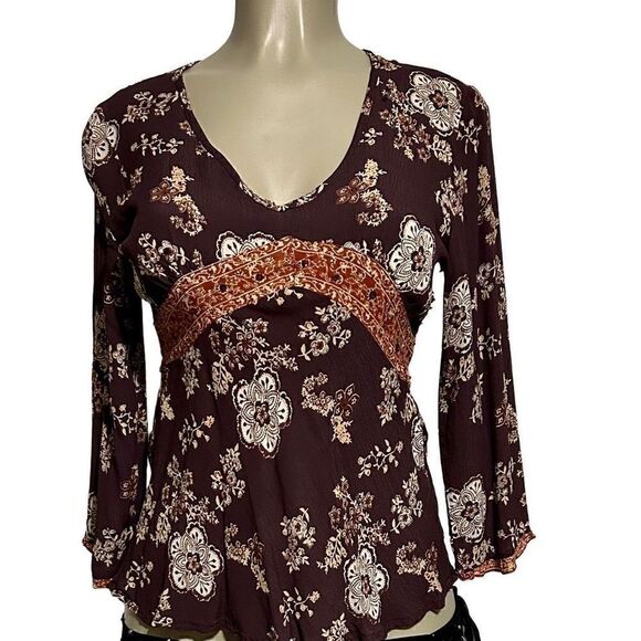 Quizz Bazaar Blouse Women's Medium Burgundy & White Flowy Floral Vintage Top - Picture 9 of 13